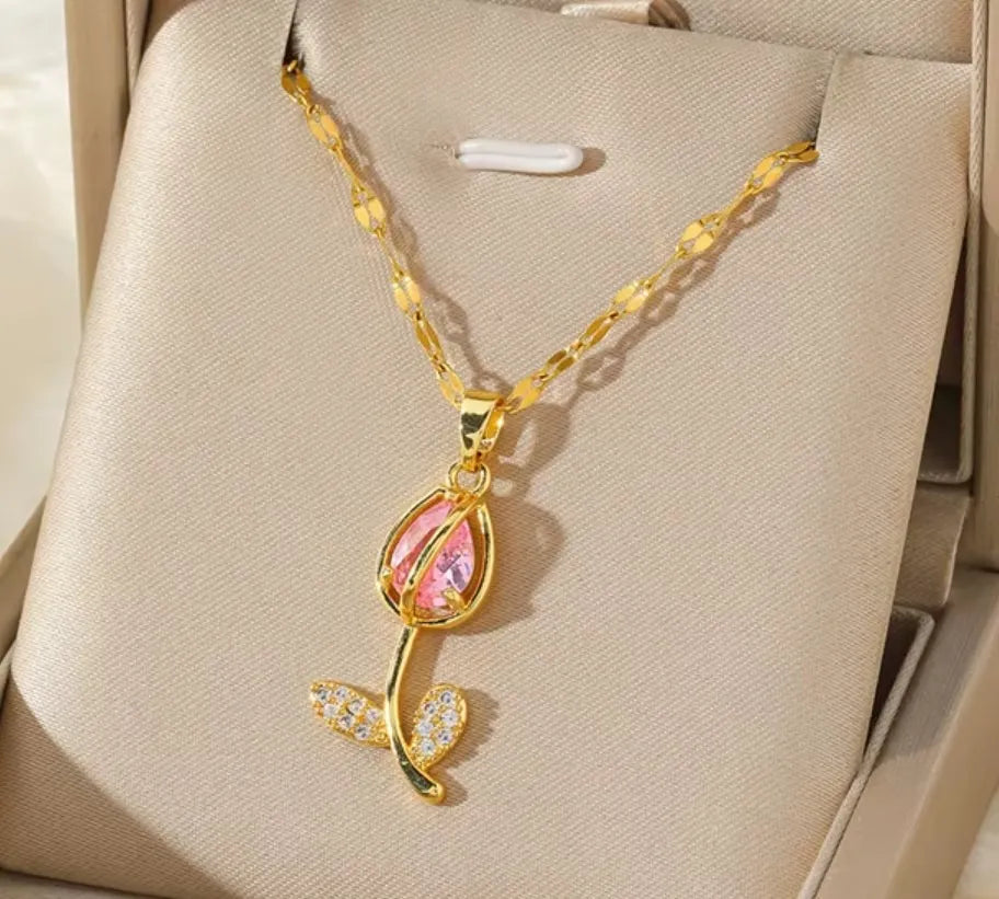 🌷 COLLAR CON COLGANTE DE FLOR DE TULIPAN + CAJA REGALO.🌷